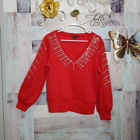 INC Sz M Red VNeck Embellished Sweater Gorgeous! 425 - Picture 1 of 8